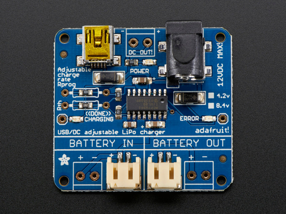 Adafruit USB/DC Lithium Polymer Battery Charger Top